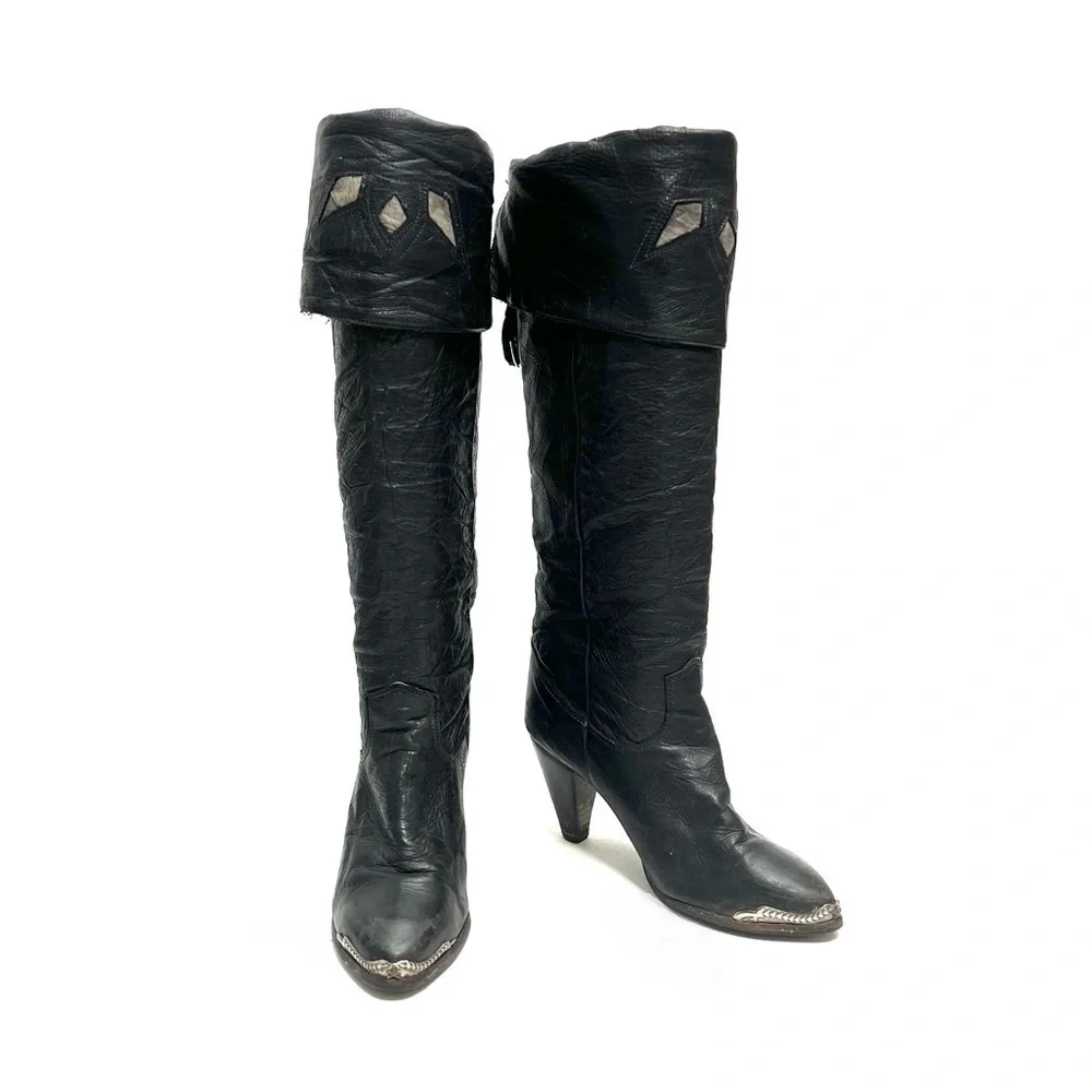 ZODIAC | Vintage 1980s black leather knee high fold over inlay heeled boots